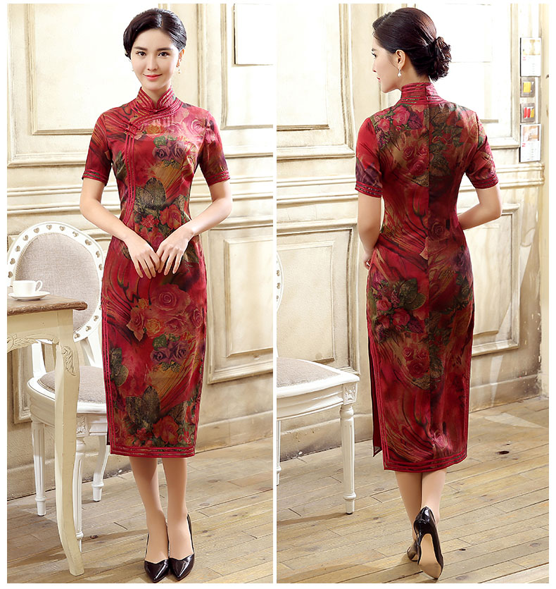 紅色花色短袖旗袍，蠶絲印花旗袍裙