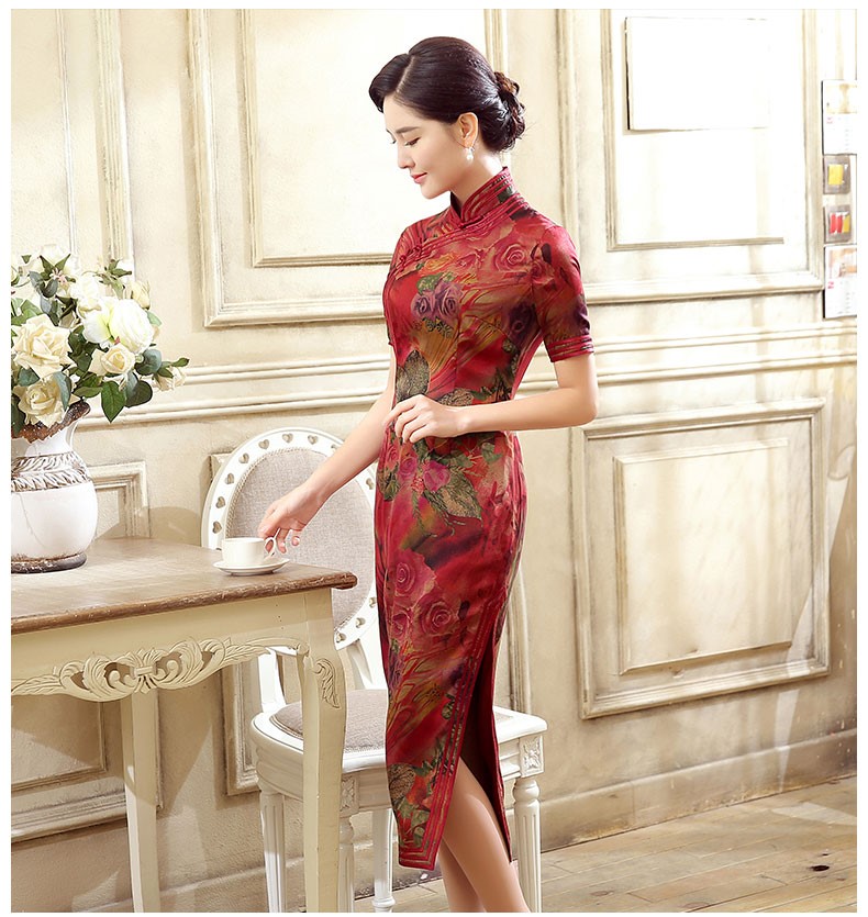 紅色花色短袖旗袍，蠶絲印花旗袍裙