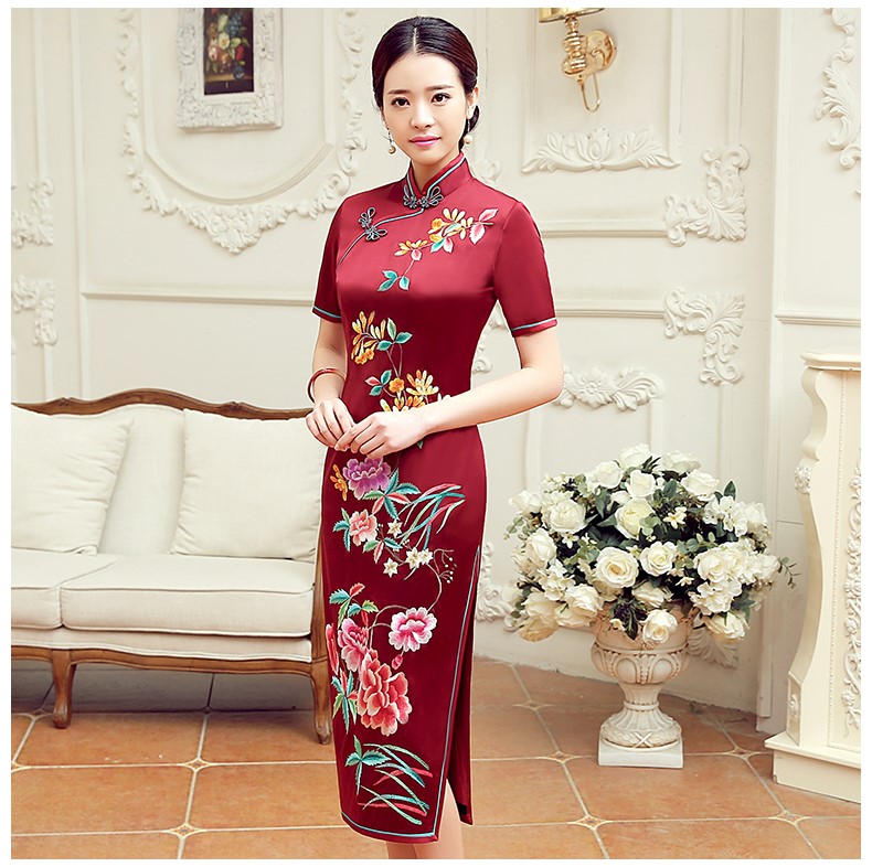 紅色桂花香短袖旗袍，蠶絲刺繡旗袍裙