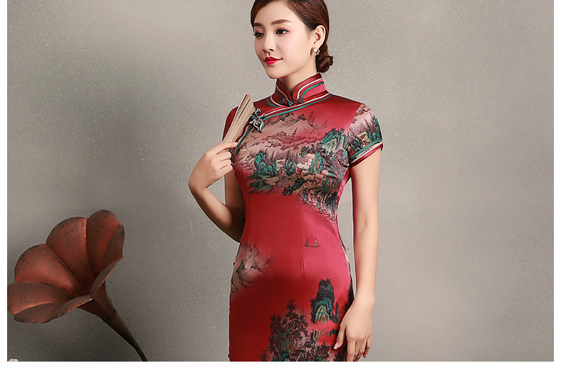 紅色山岳短袖旗袍，蠶絲時(shí)尚旗袍裙