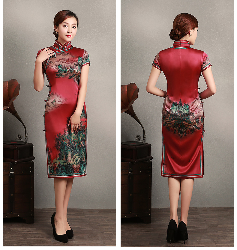 紅色山岳短袖旗袍，蠶絲時(shí)尚旗袍裙