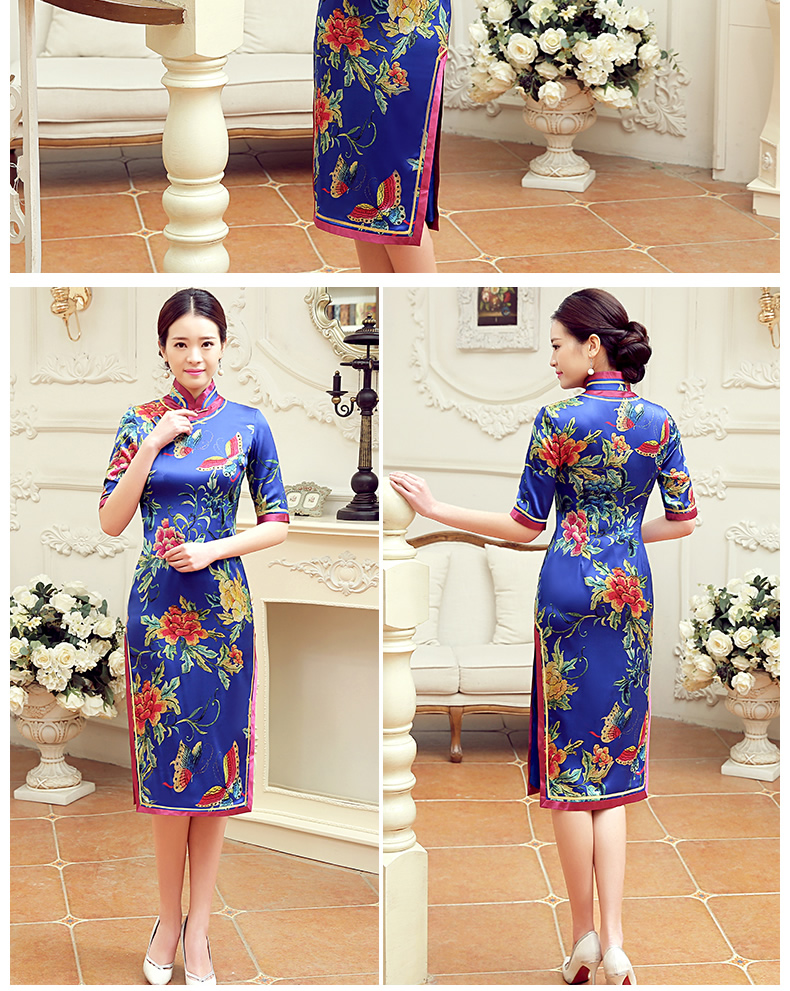 復古蝶花舞短袖旗袍，蠶絲時尚旗袍裙
