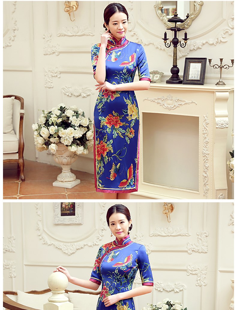 復古蝶花舞短袖旗袍，蠶絲時尚旗袍裙