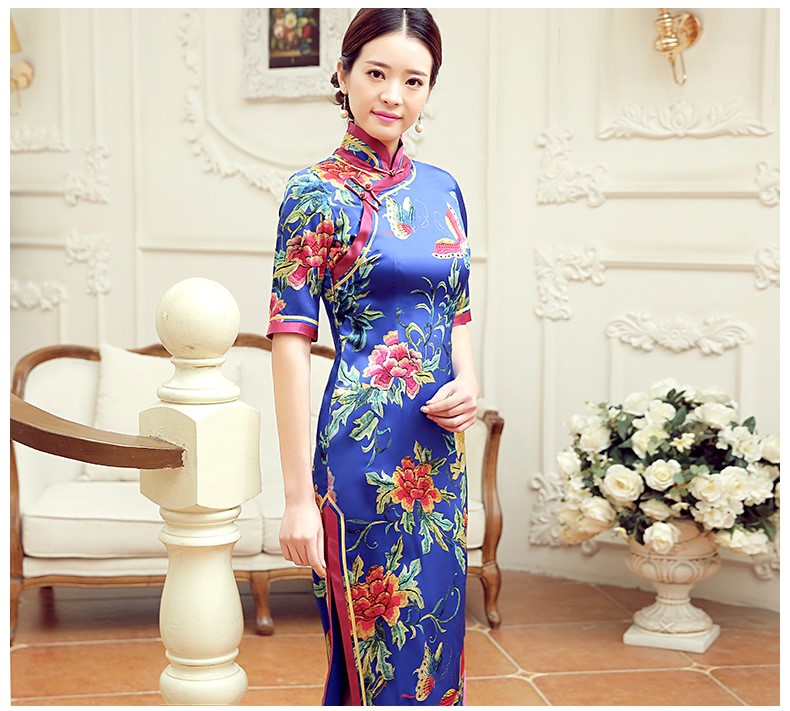 復古蝶花舞短袖旗袍，蠶絲時尚旗袍裙
