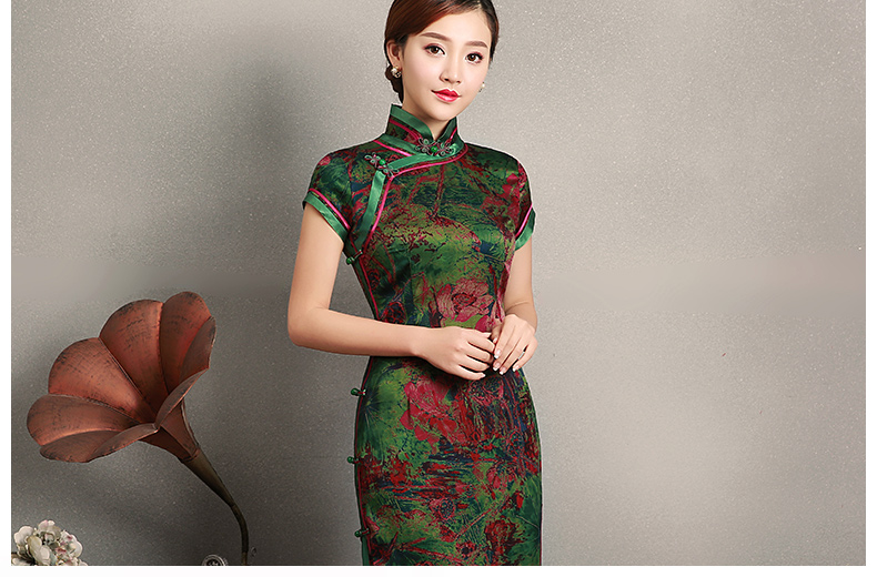 復(fù)古墨綠抽象色彩短袖旗袍，蠶絲時(shí)尚旗袍裙