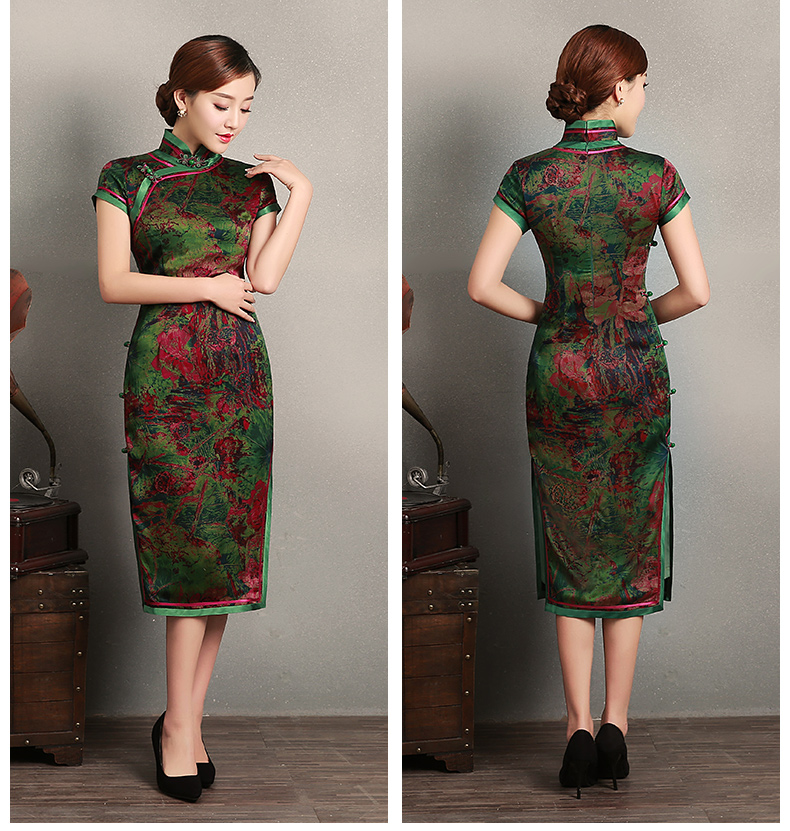 復(fù)古墨綠抽象色彩短袖旗袍，蠶絲時(shí)尚旗袍裙