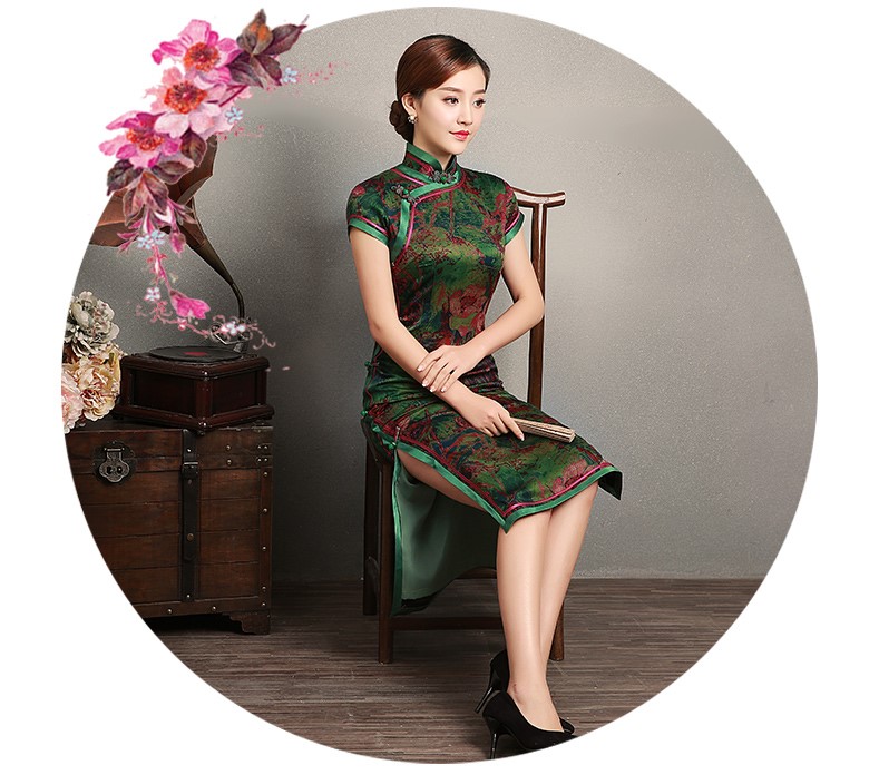 復(fù)古墨綠抽象色彩短袖旗袍，蠶絲時(shí)尚旗袍裙