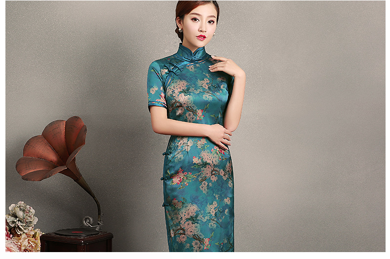 藍(lán)綠色玉梅短袖旗袍，蠶絲時(shí)尚旗袍裙