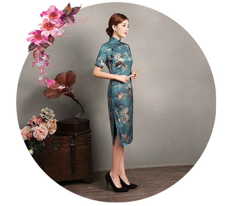 藍(lán)綠色玉梅短袖旗袍，蠶絲時(shí)尚旗袍裙