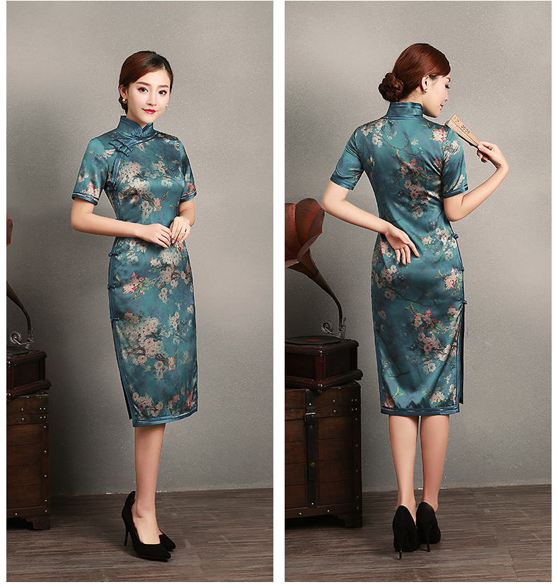 藍(lán)綠色玉梅短袖旗袍，蠶絲時(shí)尚旗袍裙