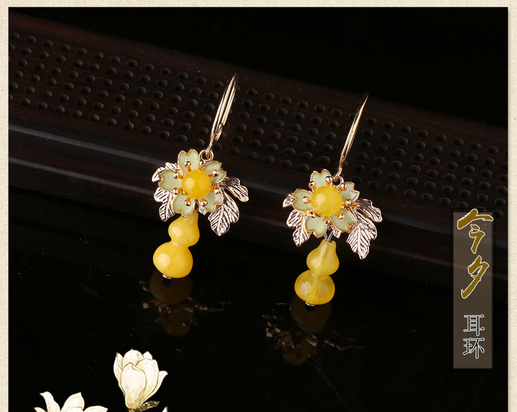 家佳樂文學黃色葫蘆耳墜耳環(huán),復古氣質(zhì)耳環(huán)