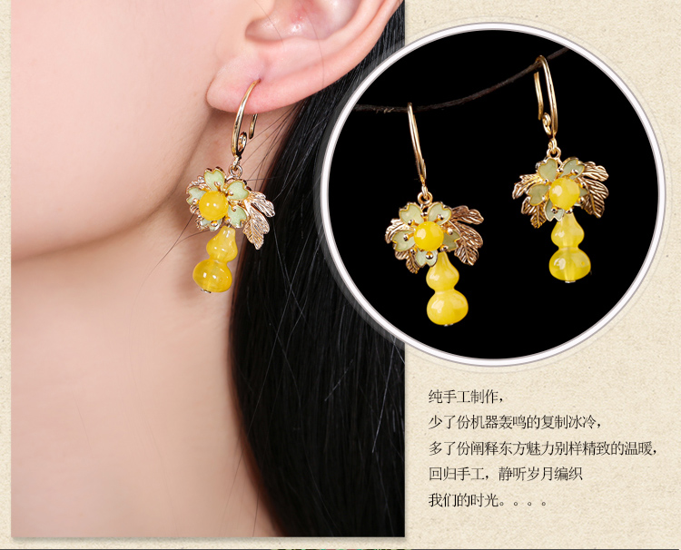 家佳樂文學黃色葫蘆耳墜耳環(huán),復古氣質(zhì)耳環(huán)