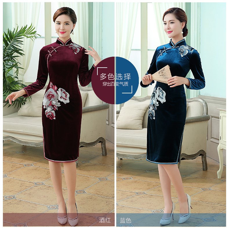 花朵絨面旗袍，時尚長袖旗袍裙。