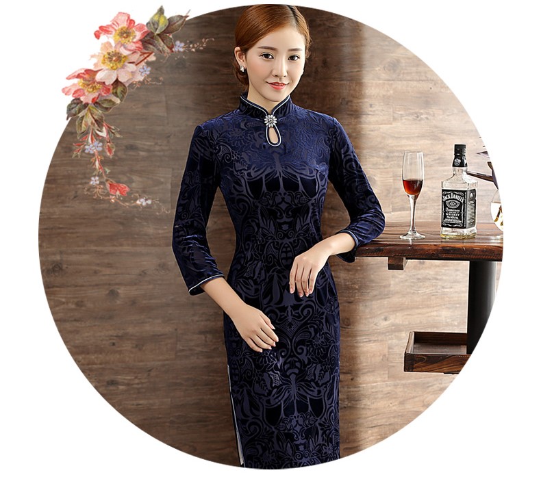 復(fù)古絲絨燒花旗袍，時(shí)尚藍(lán)色中長(zhǎng)款旗袍裙