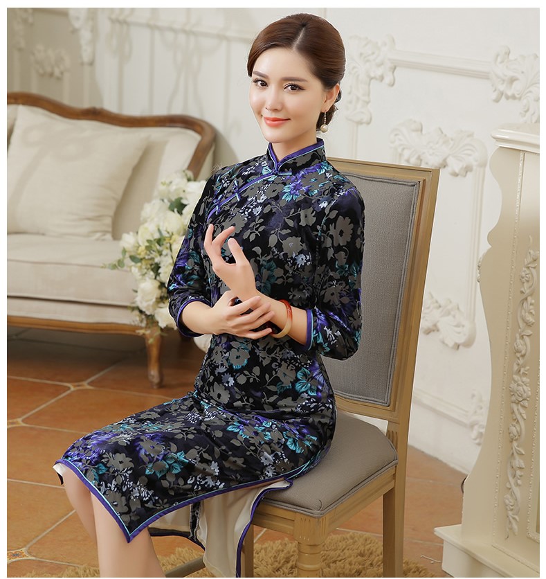 復(fù)古金絲絨燒花旗袍，時(shí)尚中長(zhǎng)款旗袍裙