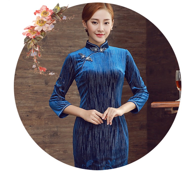 藍(lán)色條花紋旗袍，蕾絲蘭香旗袍裙