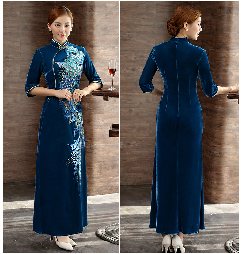 藍(lán)色鳳戀旗袍，絲絨繡花旗袍裙