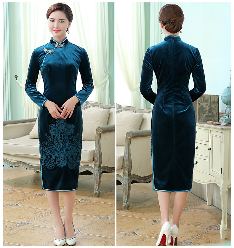 花嫣凹凸繡花旗袍，絲絨古典旗袍裙