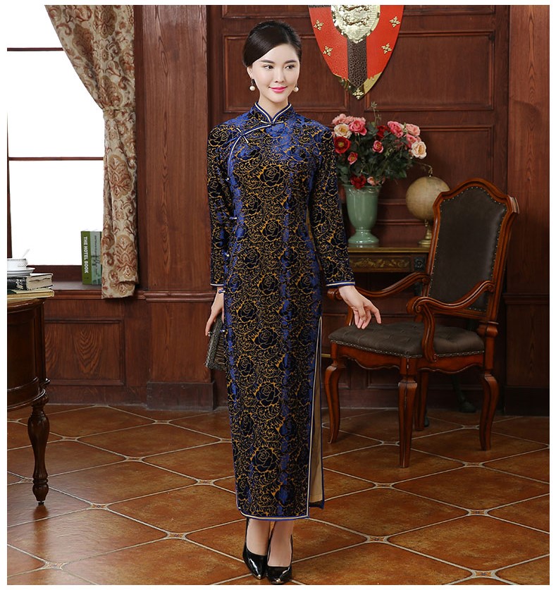 唯美絲絨燒花玫瑰圖案旗袍，情顏長袖旗袍裙