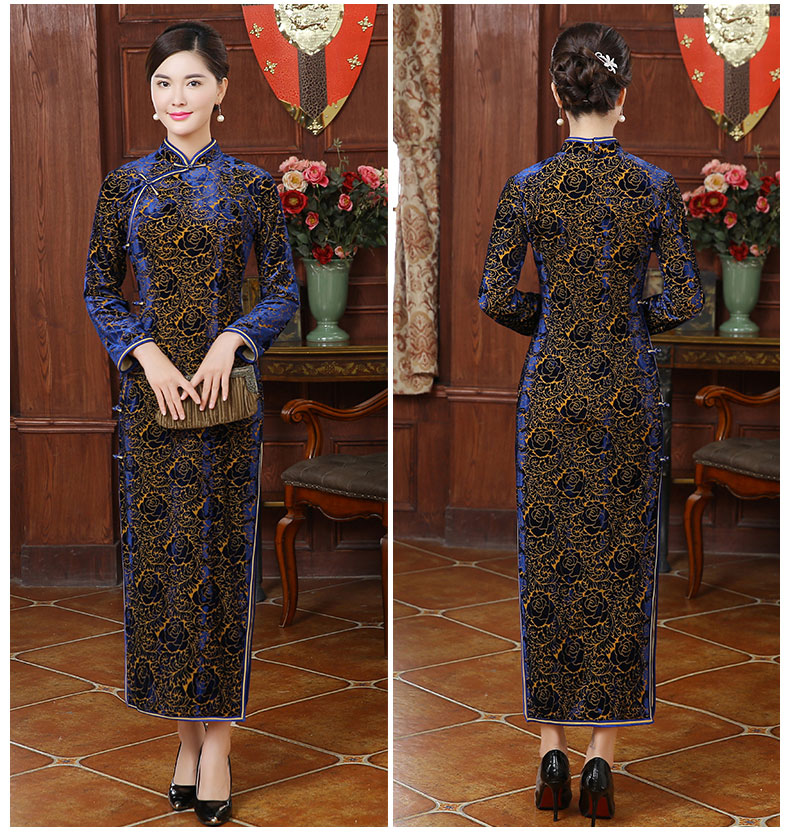 唯美絲絨燒花玫瑰圖案旗袍，情顏長袖旗袍裙