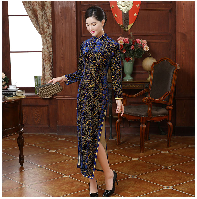 唯美絲絨燒花玫瑰圖案旗袍，情顏長袖旗袍裙