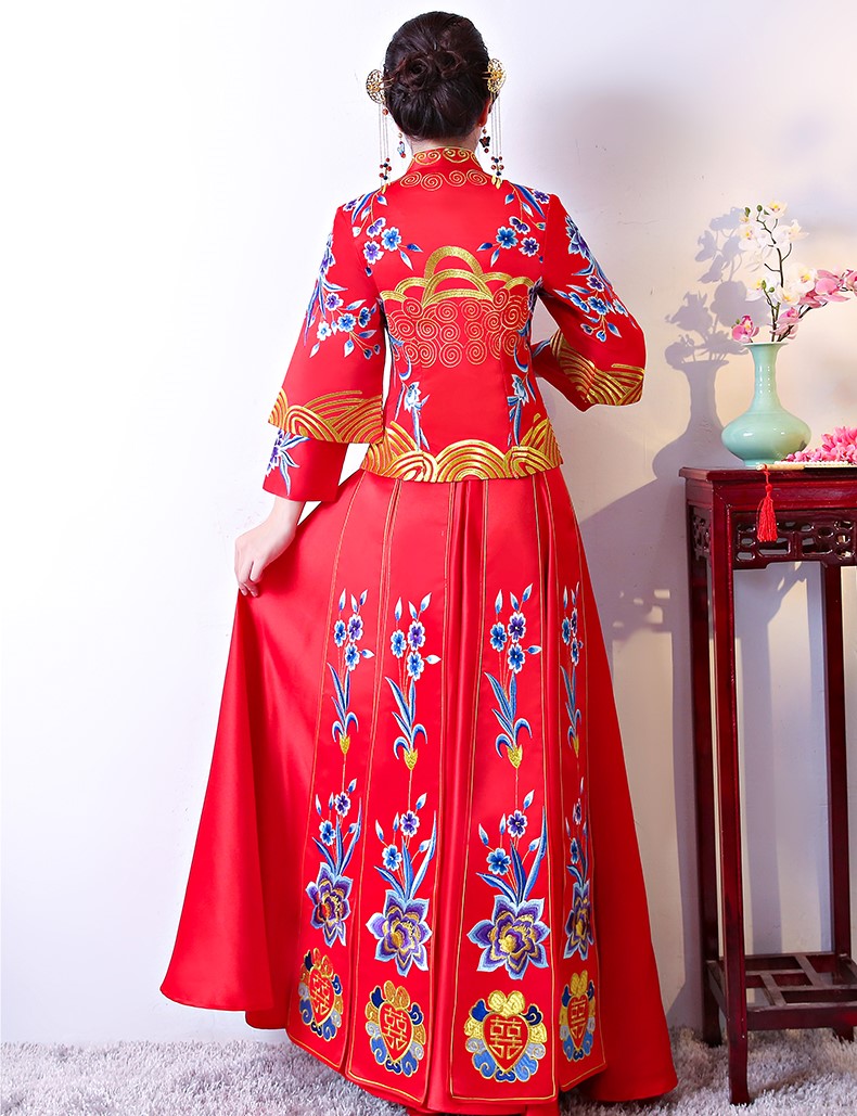 古典家佳樂文學(xué)中式禮服，牡丹多喜刺繡新娘禮服