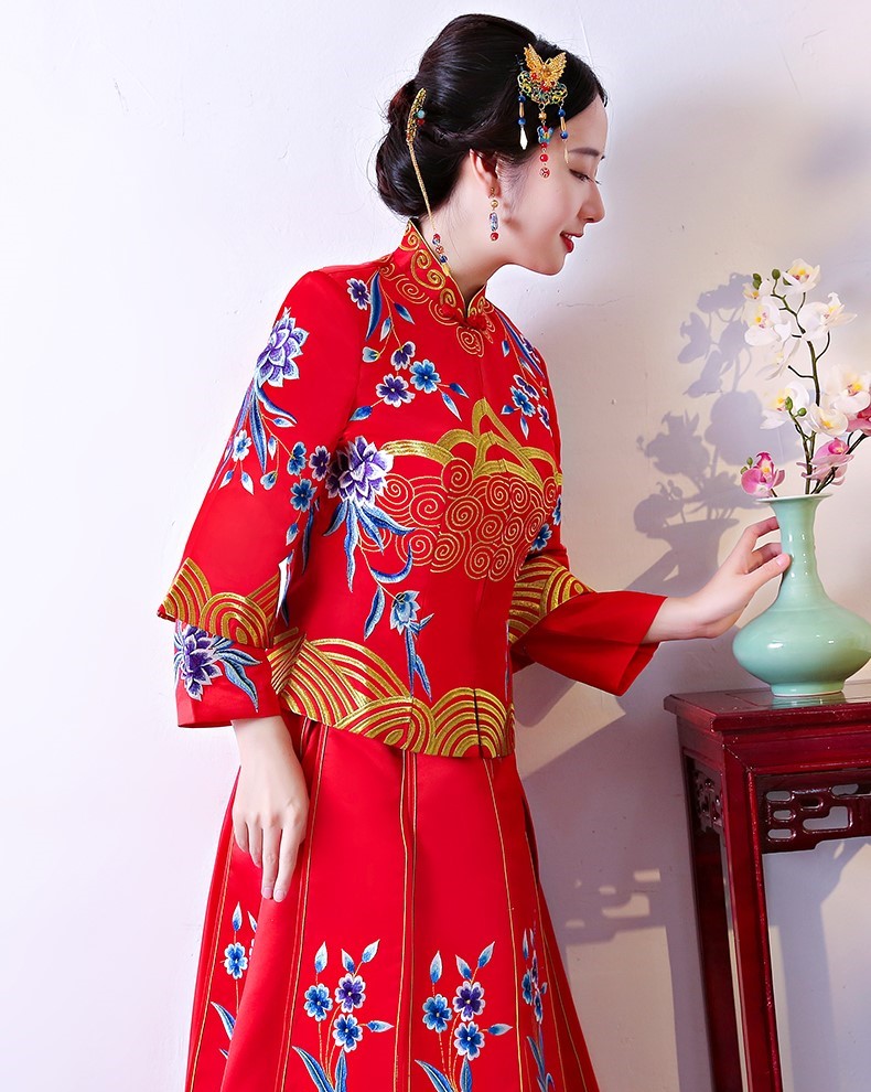 古典家佳樂文學(xué)中式禮服，牡丹多喜刺繡新娘禮服