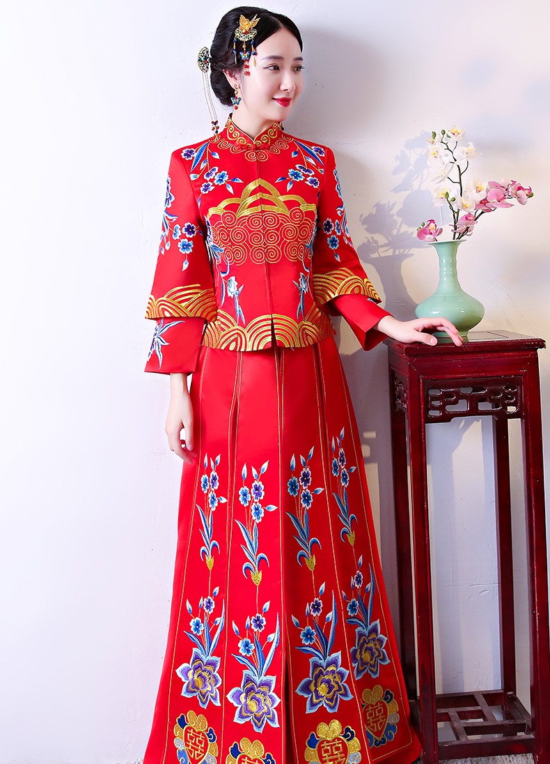古典家佳樂文學(xué)中式禮服，牡丹多喜刺繡新娘禮服