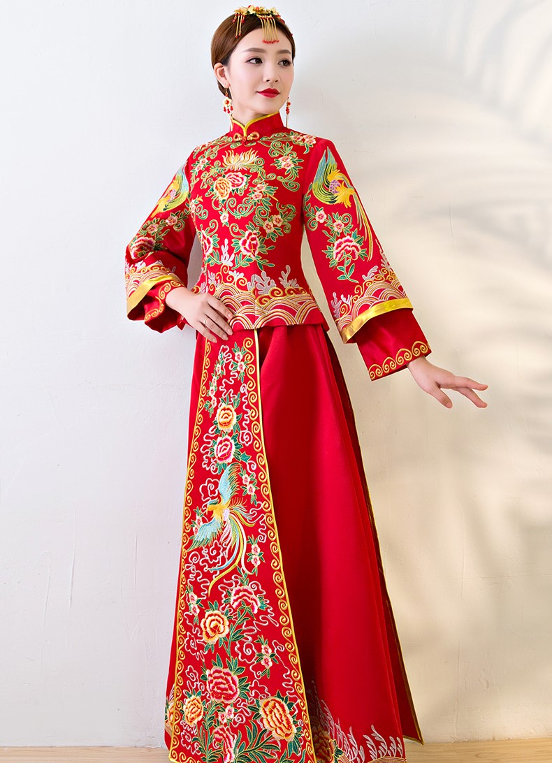 唯美家佳樂文學(xué)中式禮服，鳳牡丹刺繡新娘禮服