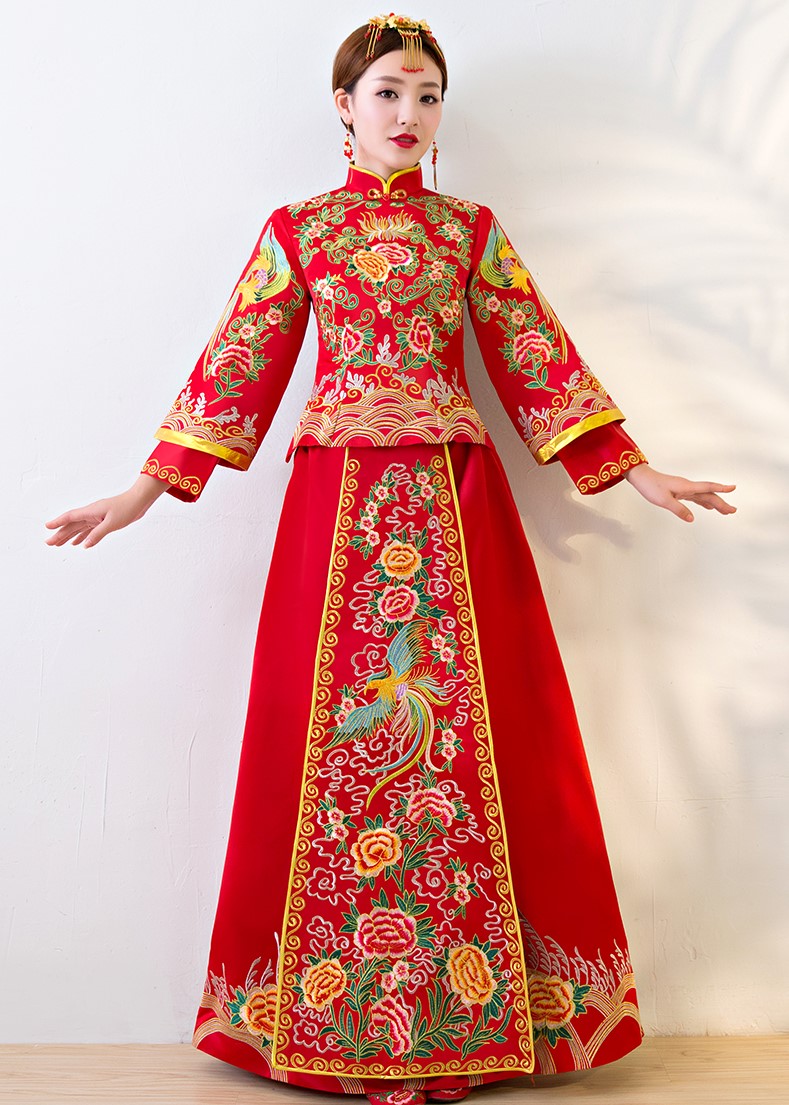 唯美家佳樂文學(xué)中式禮服，鳳牡丹刺繡新娘禮服