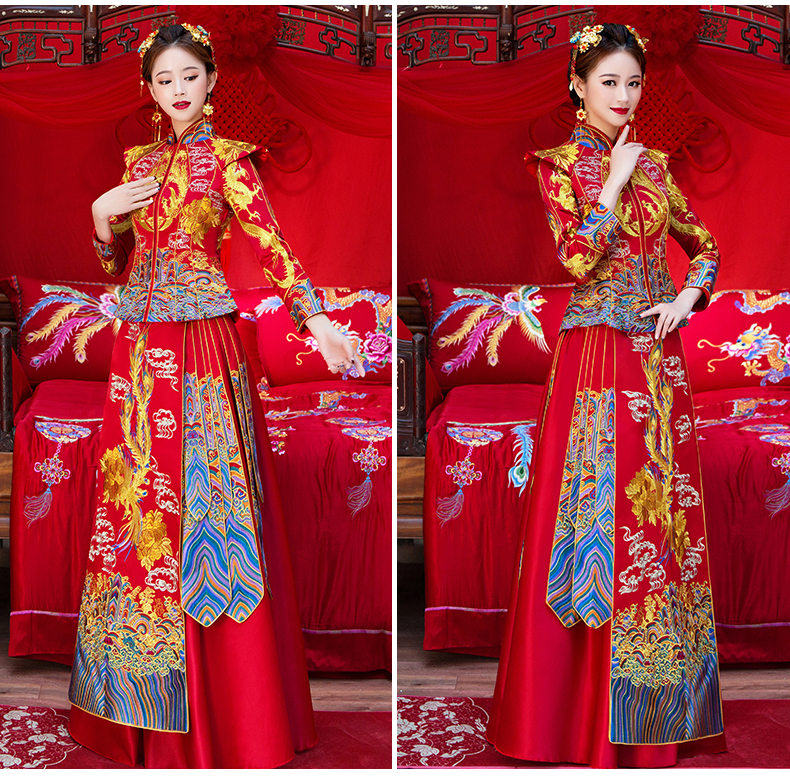 花開(kāi)牡丹中式禮服，古韻悠揚(yáng)奢華刺繡新娘禮服