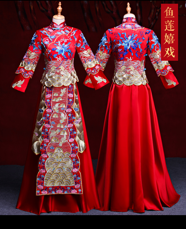魚蓮嬉戲中式禮服，東方韻味新娘禮服