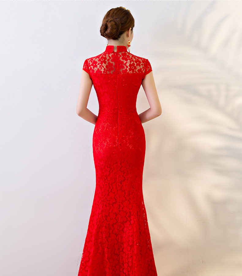 性感蕾絲魚尾中式禮服，華麗復(fù)古晚禮服