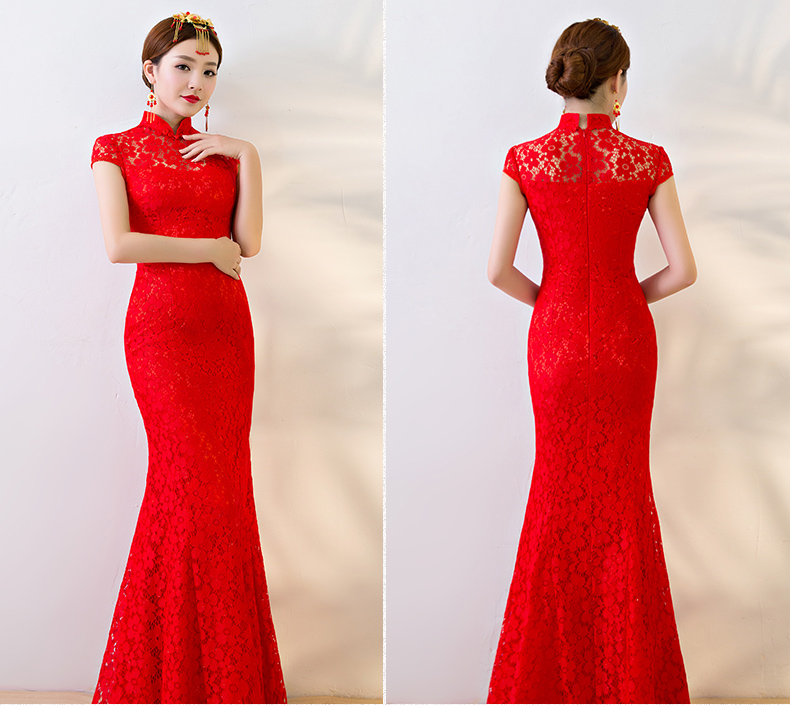 性感蕾絲魚尾中式禮服，華麗復(fù)古晚禮服