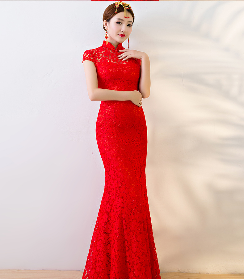 性感蕾絲魚尾中式禮服，華麗復(fù)古晚禮服