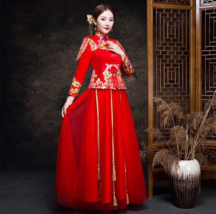 金玉良緣新娘禮服，小披肩中式禮服