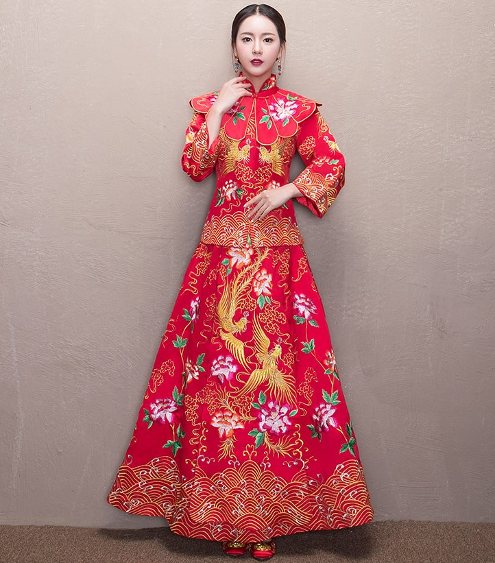 牡丹花領(lǐng)新娘禮服，古典刺繡中式禮服