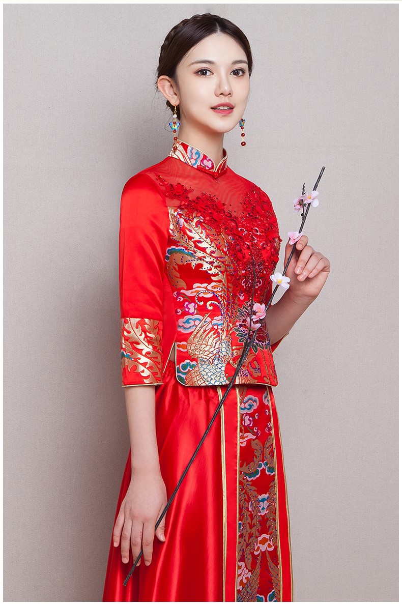 古典華麗新娘禮服，復(fù)古蕾絲中式禮服