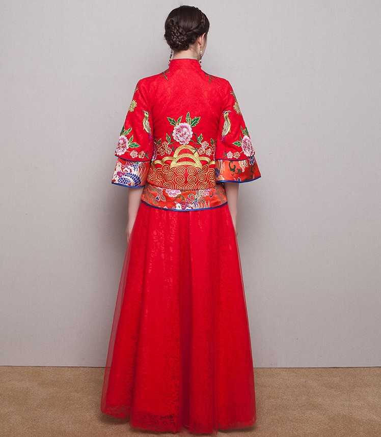 牡丹花刺繡新娘禮服，精致唯美中式禮服