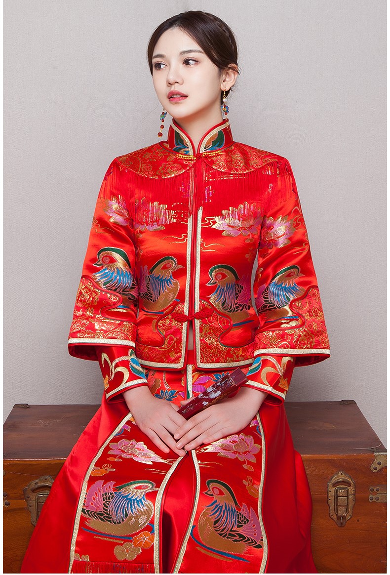 鴛鴦戲水新娘禮服，唯美流蘇中式禮服