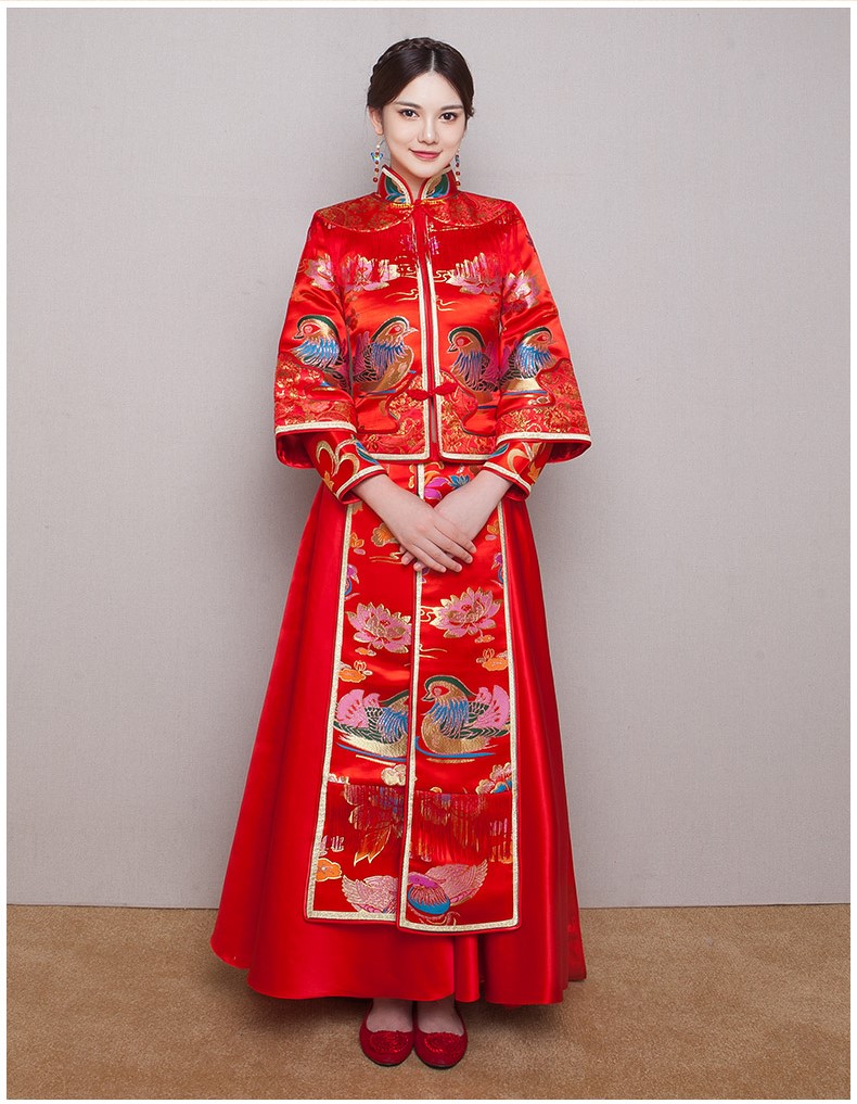 鴛鴦戲水新娘禮服，唯美流蘇中式禮服