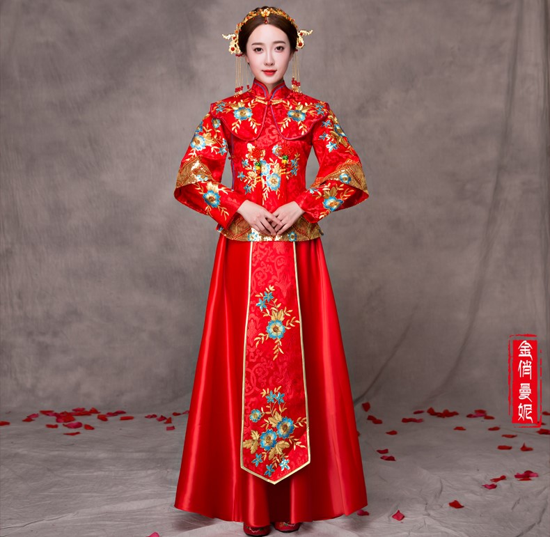 華麗蘭花刺繡新娘禮服，家佳樂文學(xué)中式禮服