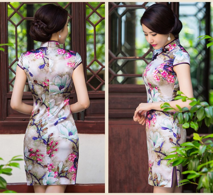 復(fù)古短袖旗袍裙，邂逅唯美嫵媚花色迷人旗袍