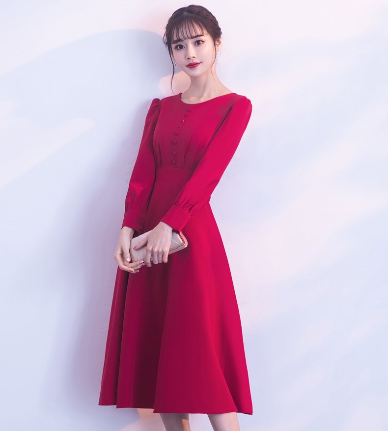 紅色長袖收腰中式禮服，時(shí)尚蝴蝶結(jié)晚禮服