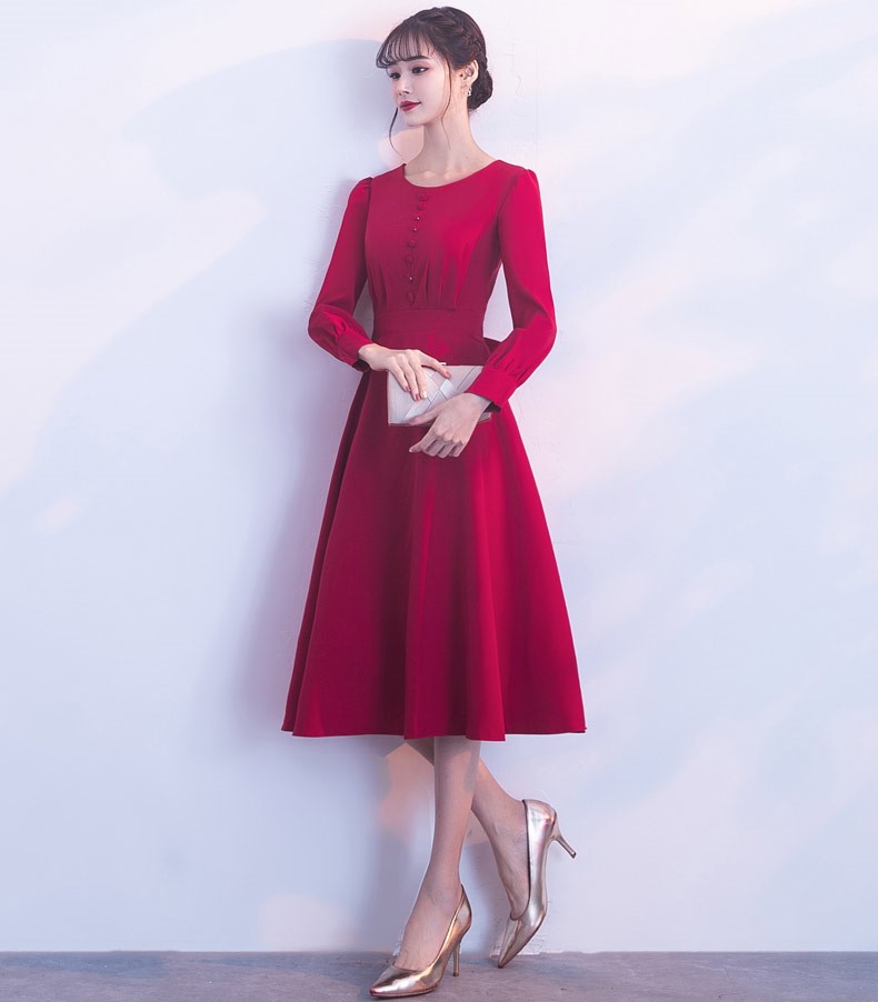 紅色長袖收腰中式禮服，時(shí)尚蝴蝶結(jié)晚禮服