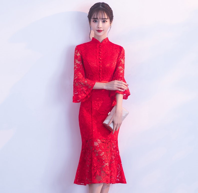 紅色性感蕾絲中式禮服，中式復(fù)古晚禮服