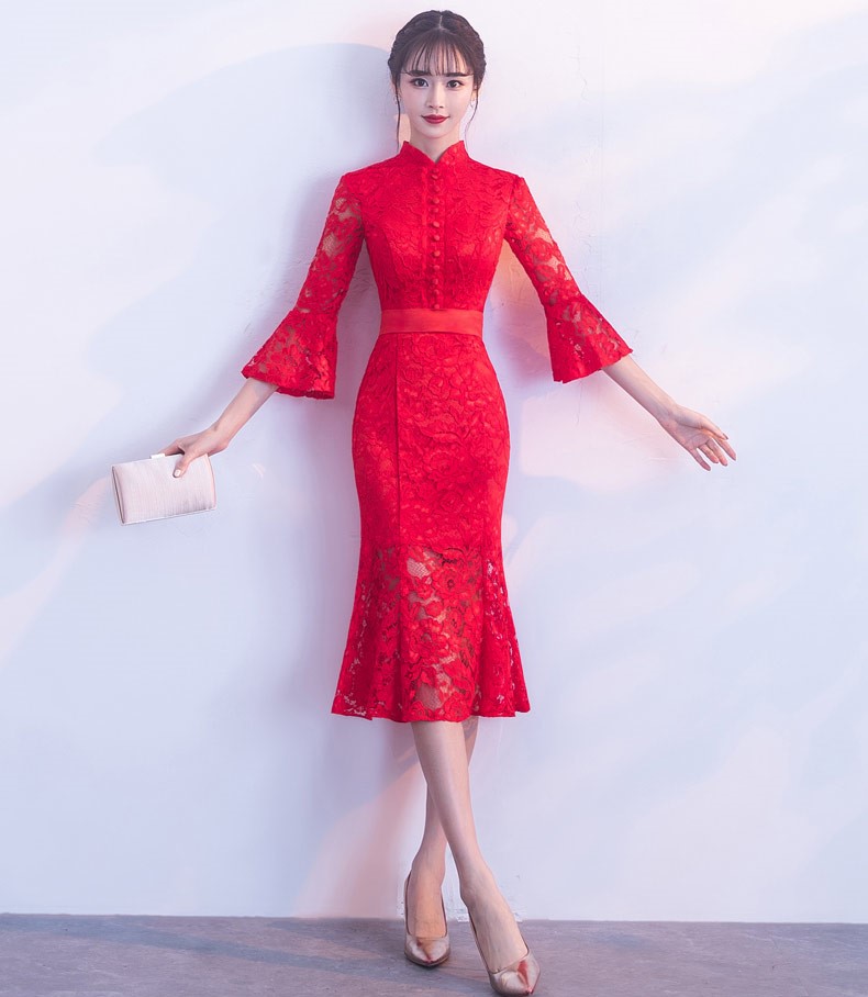 紅色性感蕾絲中式禮服，中式復(fù)古晚禮服