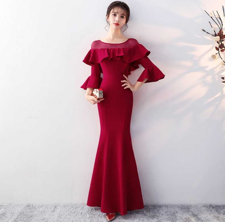 優(yōu)雅喇叭袖中式禮服，時(shí)尚魚(yú)尾晚禮服