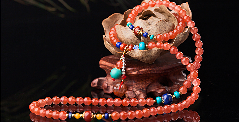 櫻桃紅瑪瑙水晶手鏈，多圈南紅手串