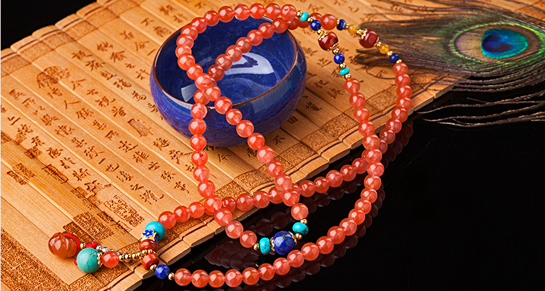 櫻桃紅瑪瑙水晶手鏈，多圈南紅手串